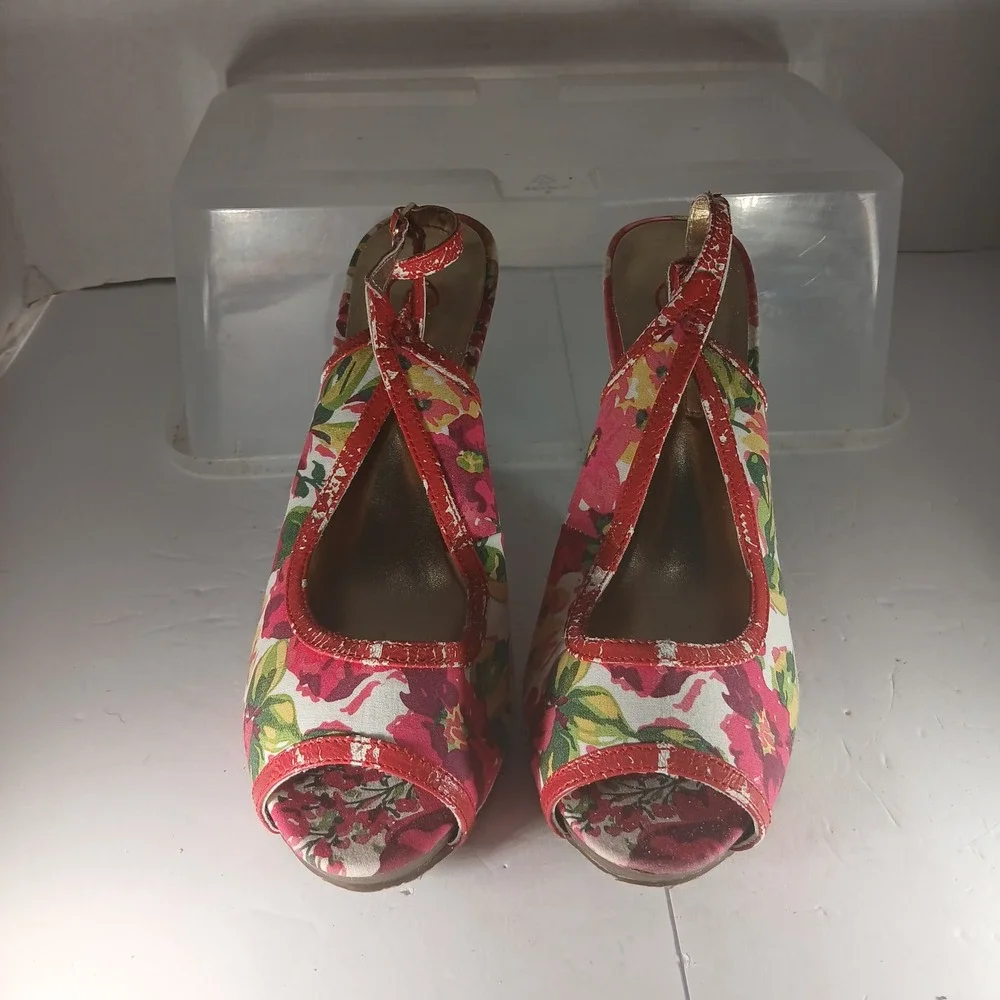 Candie's Dorado Slingback Heels 8.5 Pink‎ Floral Peep Toe Platform Pinup Retro